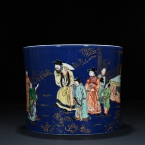 Qing Dynasty Kangxi blue glaze five-color gold-painted character story pen holder