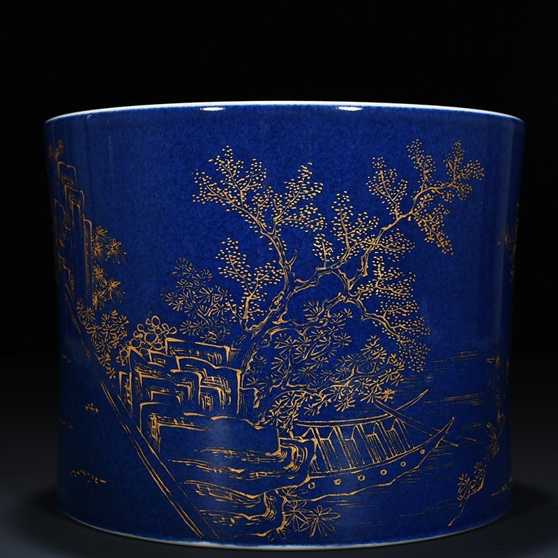 Qing Dynasty Kangxi blue glaze five-color gold-painted character story pen holder