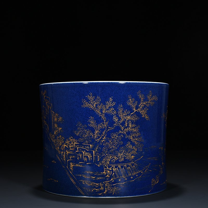 Qing Dynasty Kangxi blue glaze five-color gold-painted character story pen holder