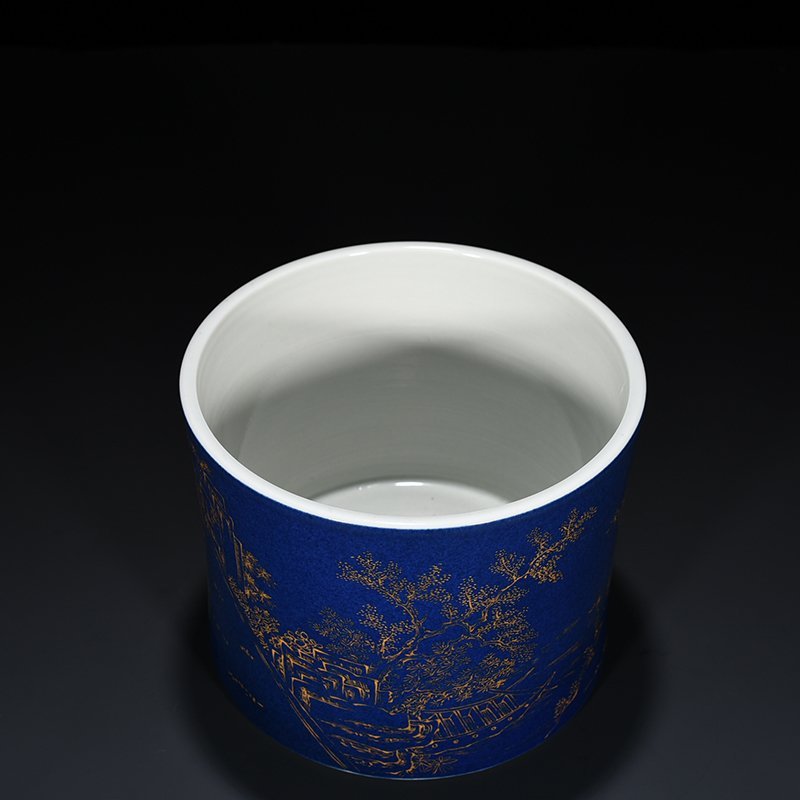 Qing Dynasty Kangxi blue glaze five-color gold-painted character story pen holder