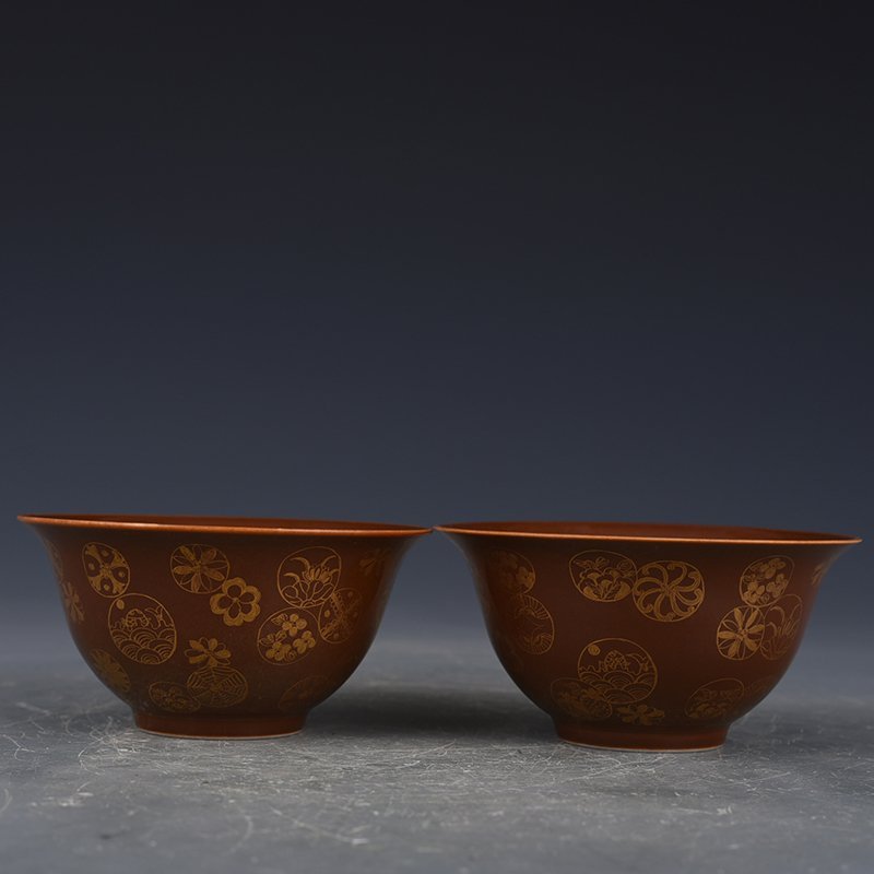 Qing Dynasty Kangxi Purple Gold Glazed Bowl with Gold Ball