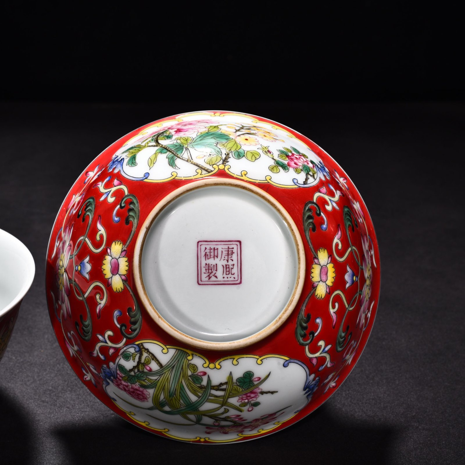 Qing Dynasty Kangxi red ground enamel palace-style bowl with florals