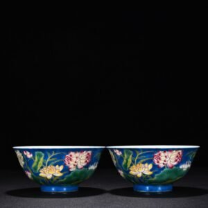 Qing Dynasty Kangxi blue ground enamel lotus flower bowl