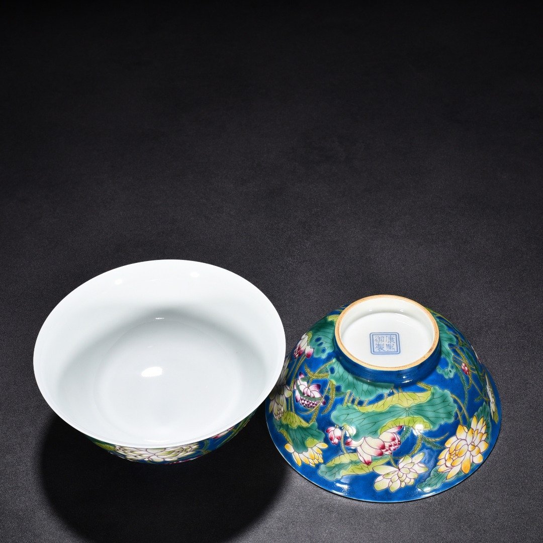Qing Dynasty Kangxi blue ground enamel lotus flower bowl