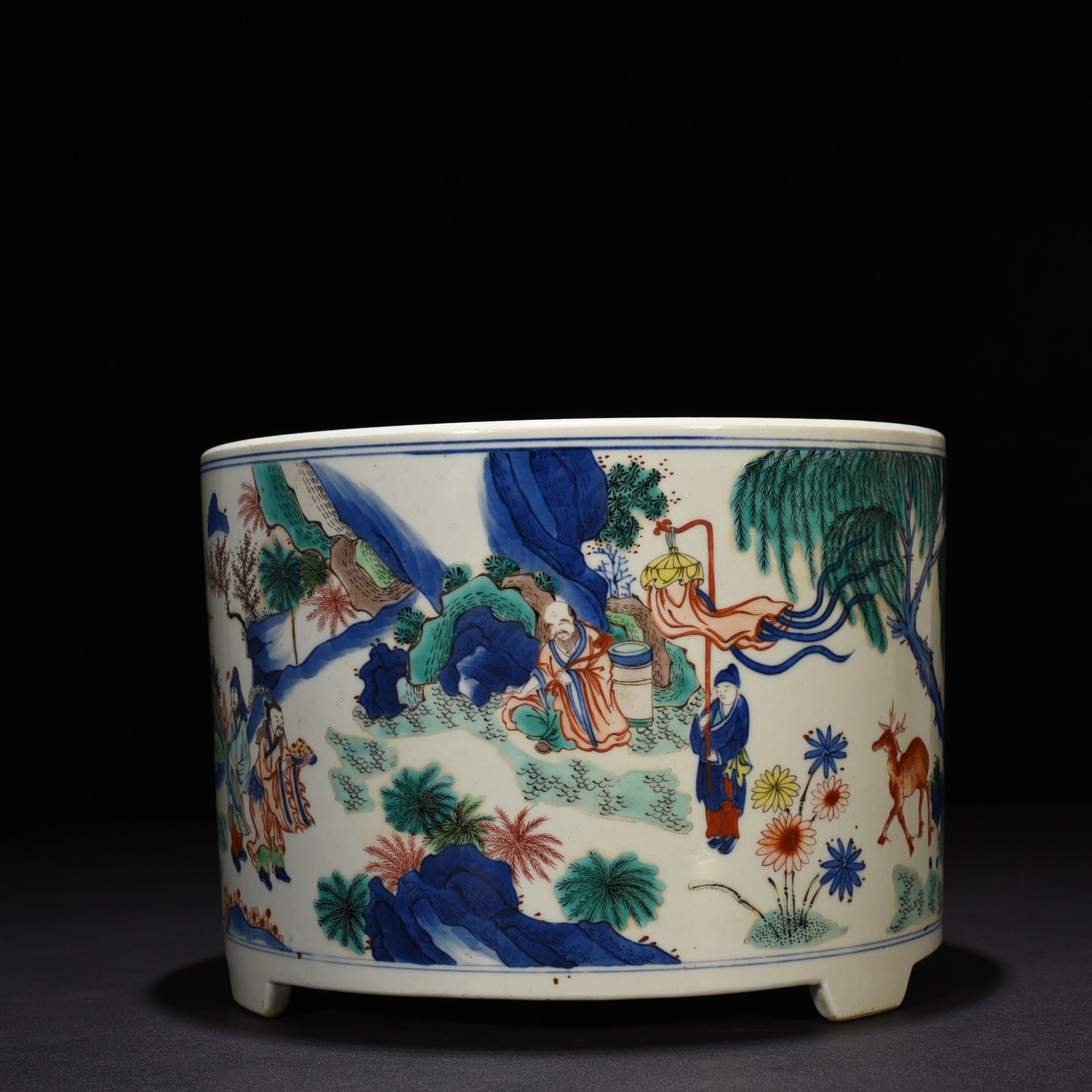 Qing Dynasty Kangxi blue and white multicolored Eight Immortals three-legged Burner