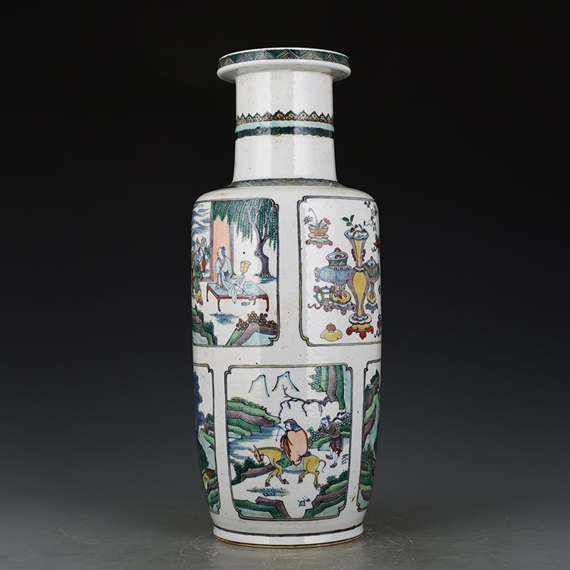 Qing Dynasty Kangxi blue and white five-color Doucai landscape mallet bottle