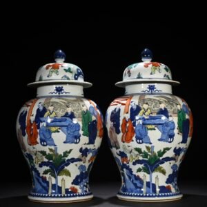 Qing Dynasty Kangxi blue and white five-color piano chess calligraphy and painting jar