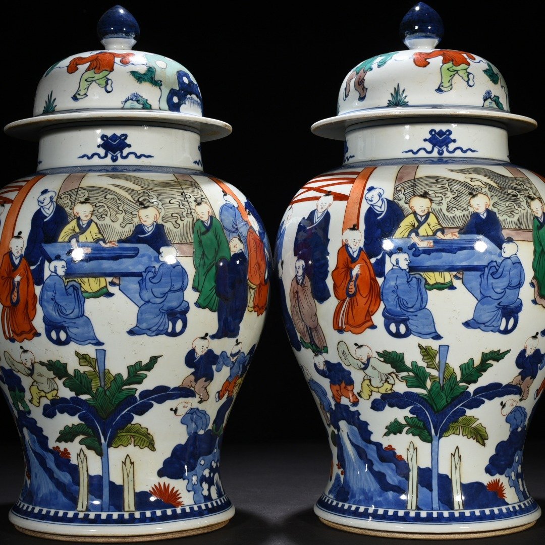 Qing Dynasty Kangxi blue and white five-color piano chess calligraphy and painting jar