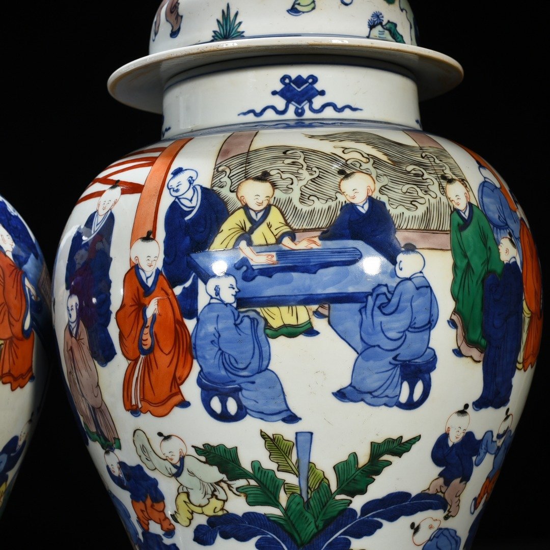 Qing Dynasty Kangxi blue and white five-color piano chess calligraphy and painting jar