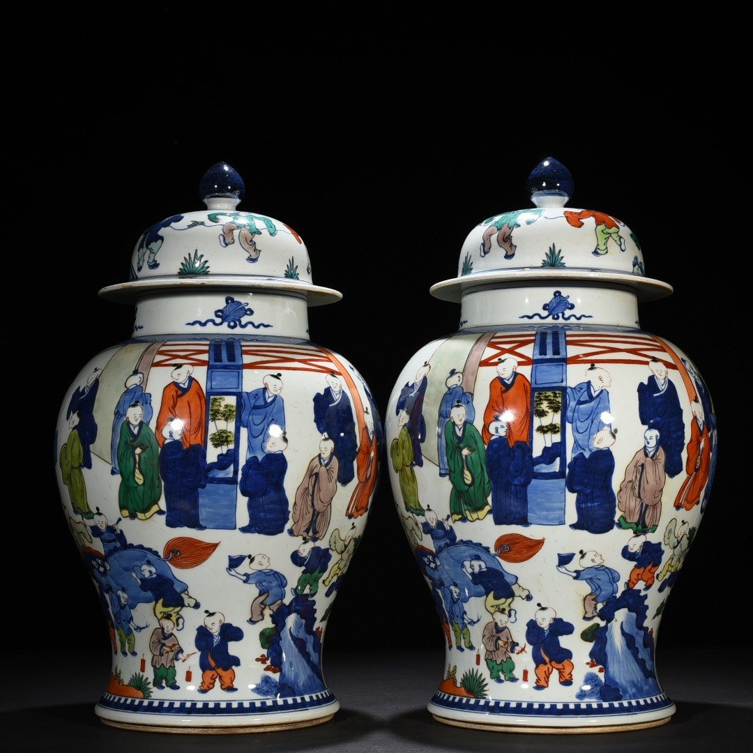 Qing Dynasty Kangxi blue and white five-color piano chess calligraphy and painting jar