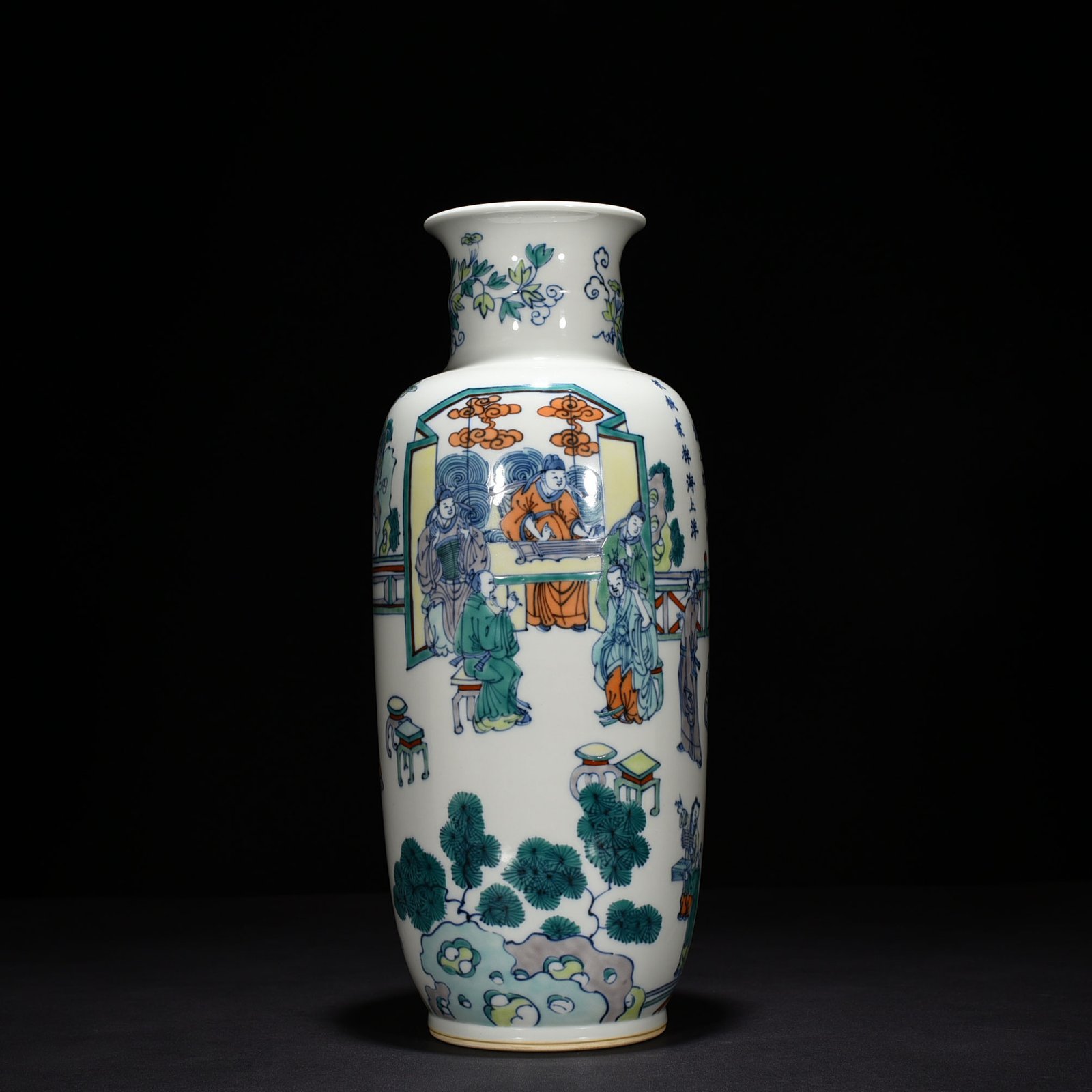 Qing Dynasty Kangxi blue and white five-color piano chess calligraphy and painting vase