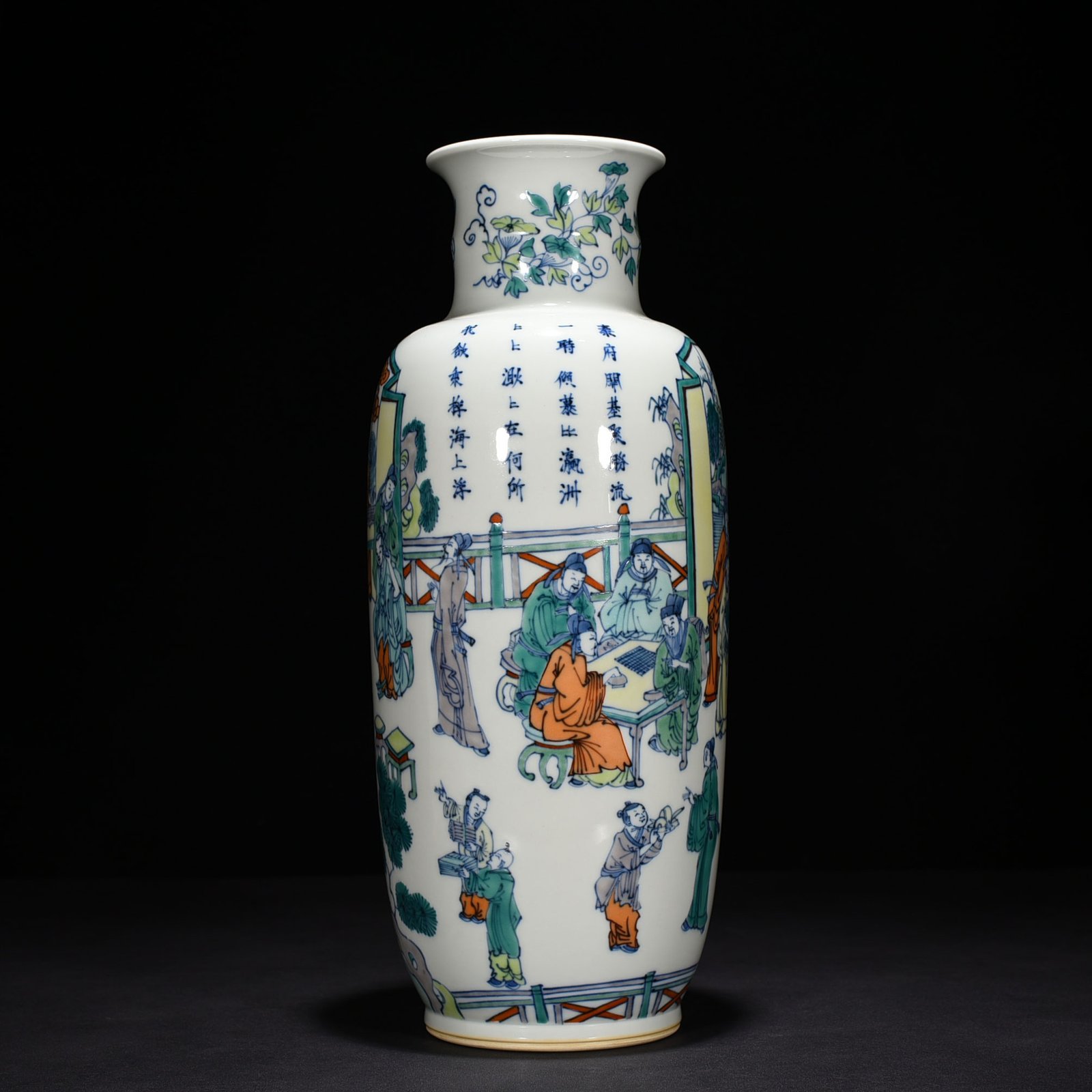 Qing Dynasty Kangxi blue and white five-color piano chess calligraphy and painting vase