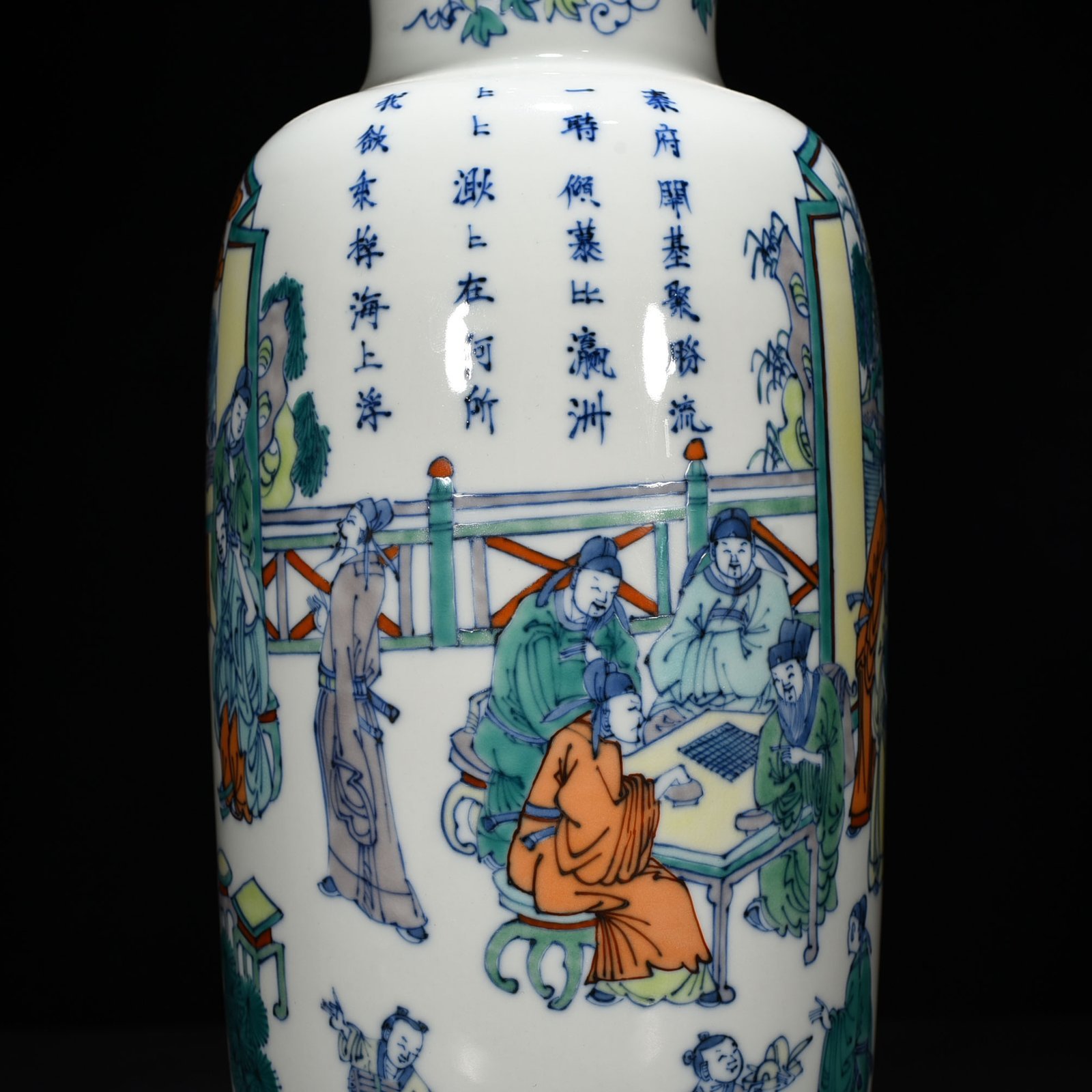 Qing Dynasty Kangxi blue and white five-color piano chess calligraphy and painting vase