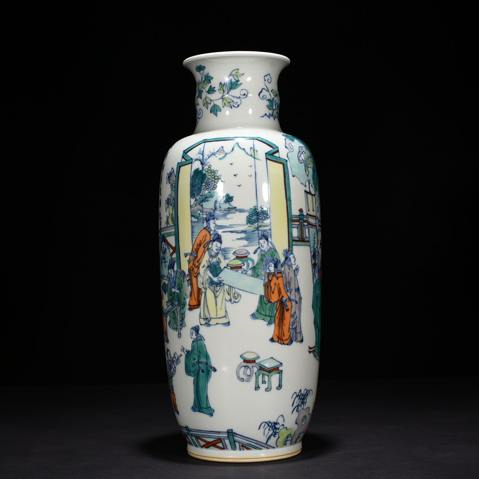 Qing Dynasty Kangxi blue and white five-color piano chess calligraphy and painting vase