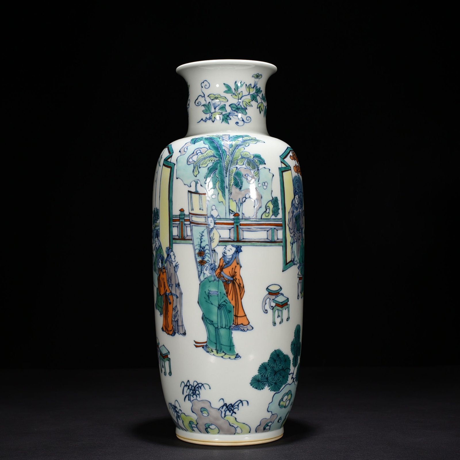 Qing Dynasty Kangxi blue and white five-color piano chess calligraphy and painting vase