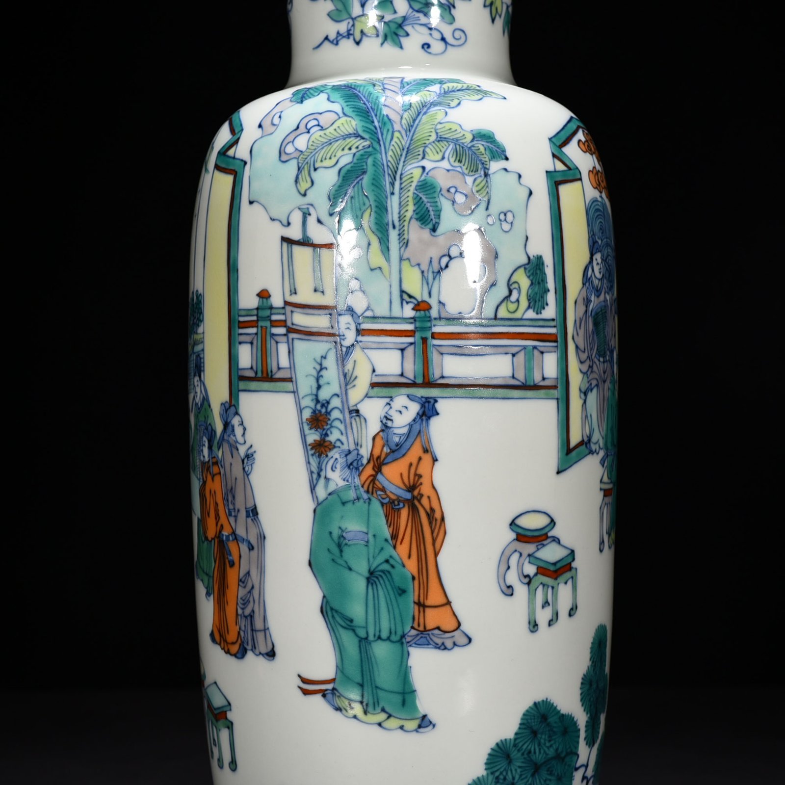 Qing Dynasty Kangxi blue and white five-color piano chess calligraphy and painting vase