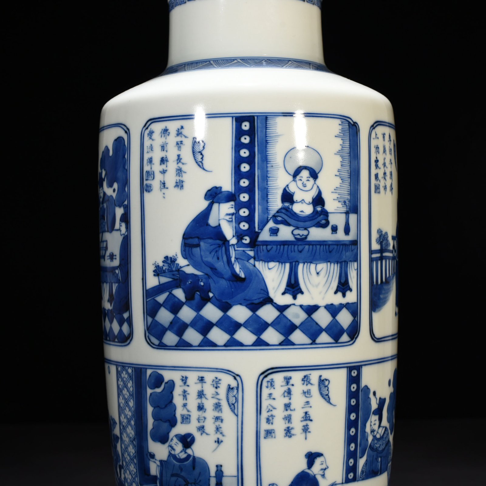 Qing Dynasty Kangxi blue and white character story hammer vase