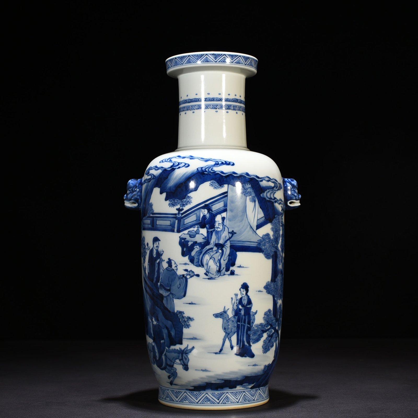 Qing Dynasty Kangxi blue and white Eight Immortals animal ears disc-mouth vase