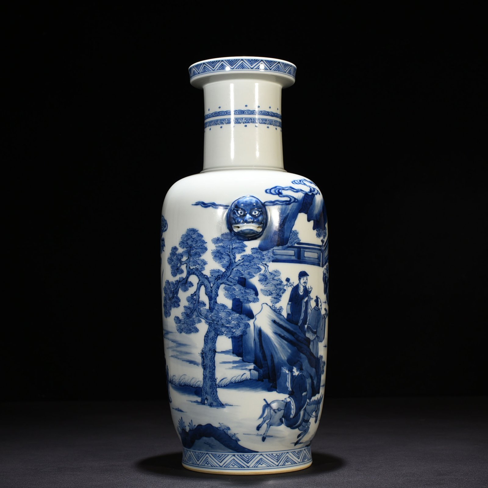 Qing Dynasty Kangxi blue and white Eight Immortals animal ears disc-mouth vase