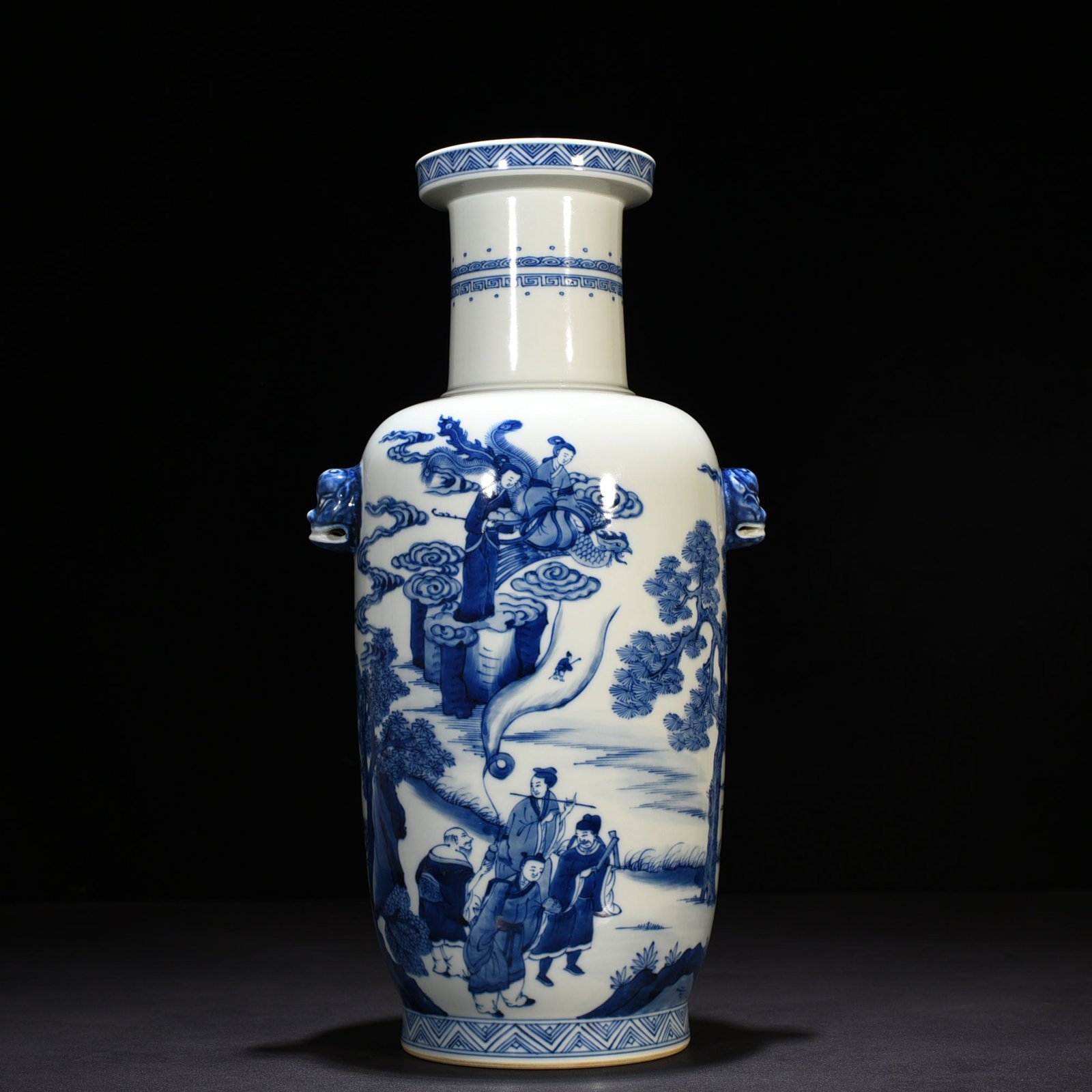 Qing Dynasty Kangxi blue and white Eight Immortals animal ears disc-mouth vase