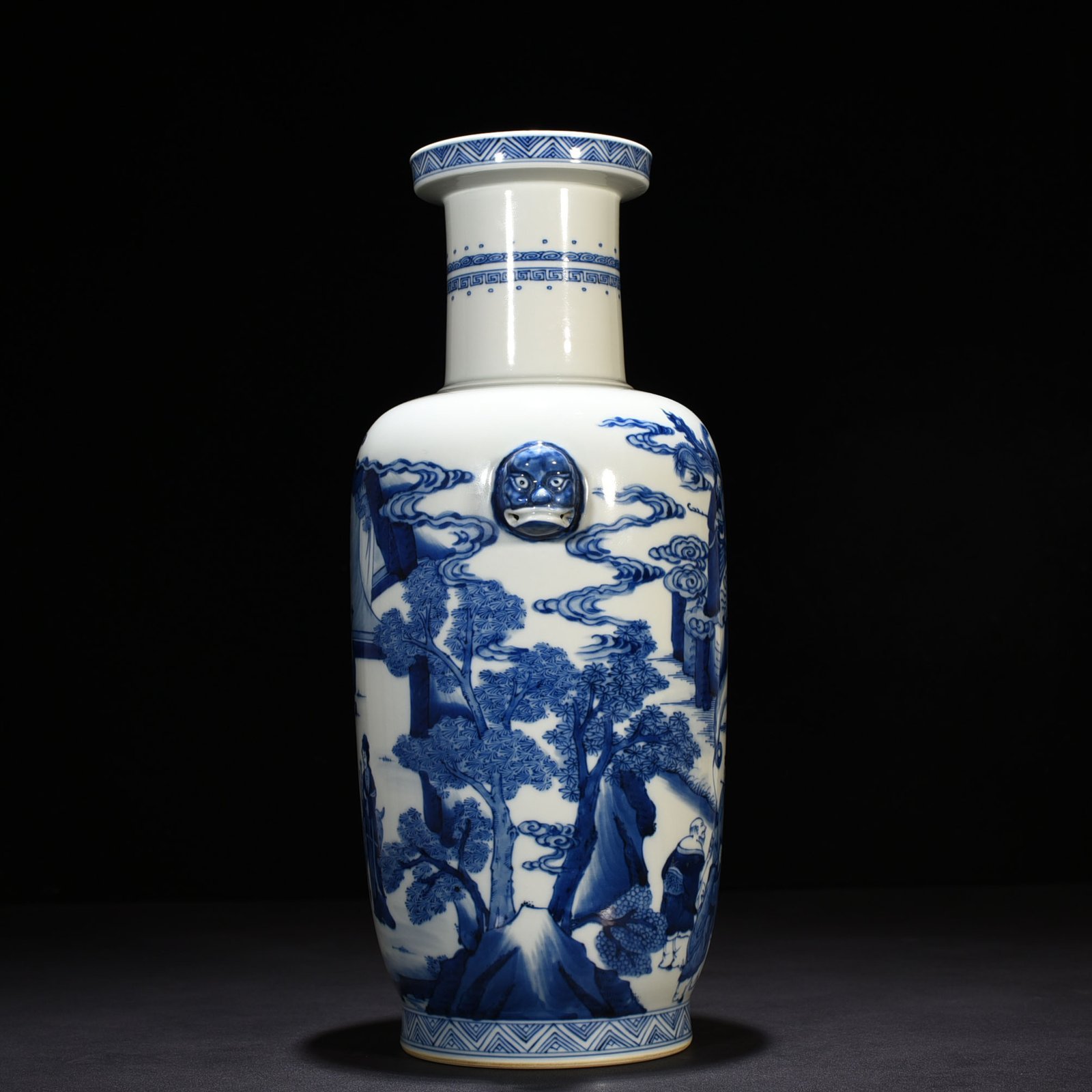 Qing Dynasty Kangxi blue and white Eight Immortals animal ears disc-mouth vase