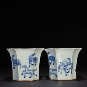 Qing Dynasty Kangxi blue and white eight horses flower pot