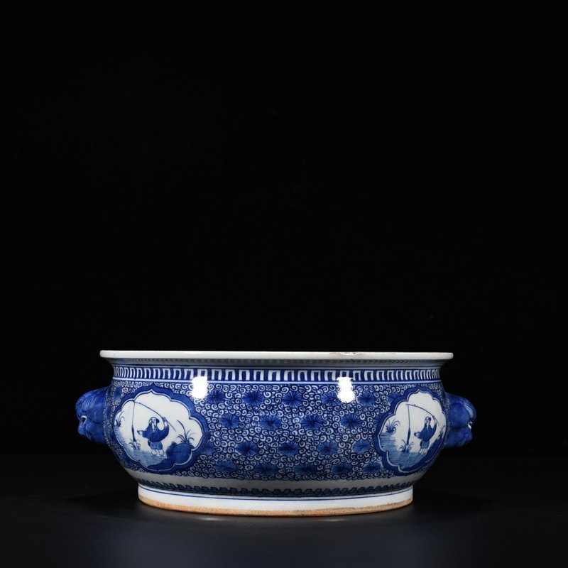 Qing Dynasty Kangxi blue and white fisherman figure animal ear wash