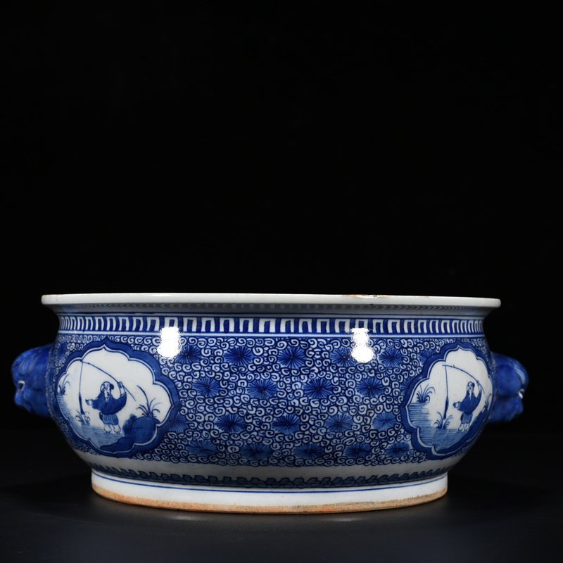 Qing Dynasty Kangxi blue and white fisherman figure animal ear wash