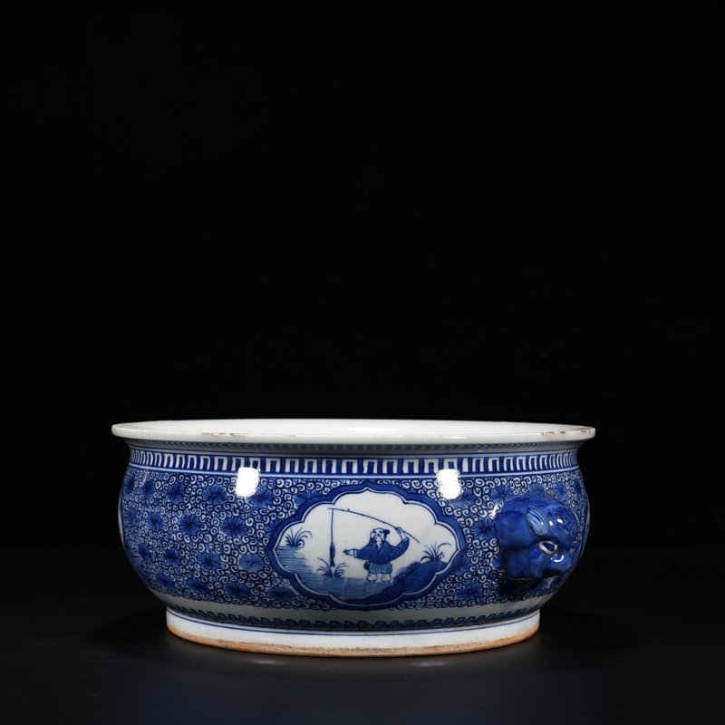 Qing Dynasty Kangxi blue and white fisherman figure animal ear wash