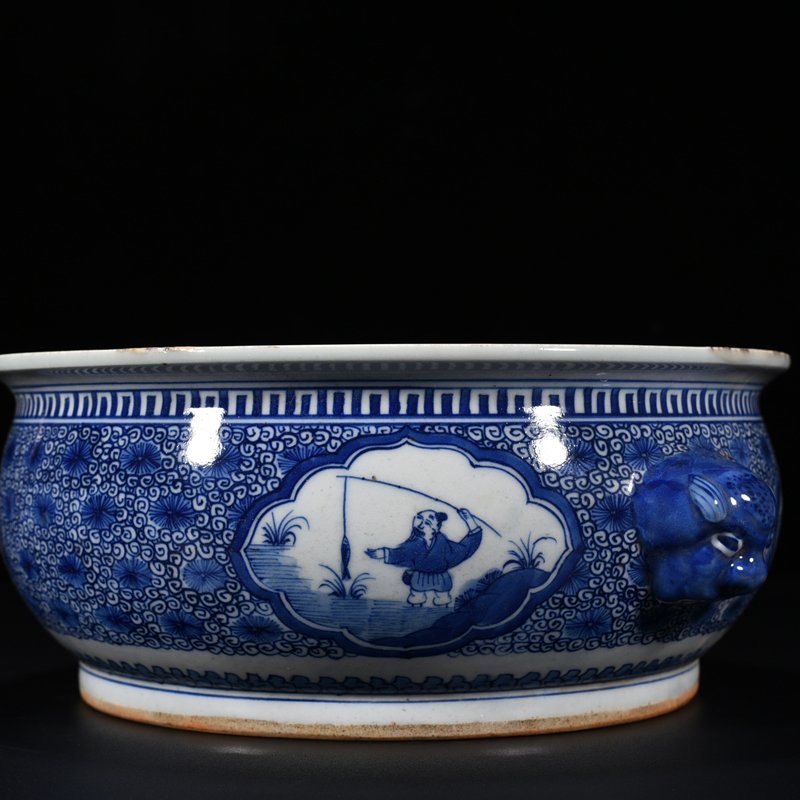 Qing Dynasty Kangxi blue and white fisherman figure animal ear wash