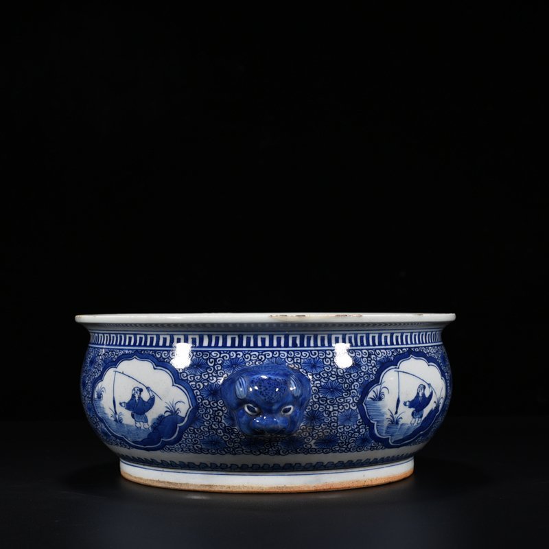 Qing Dynasty Kangxi blue and white fisherman figure animal ear wash