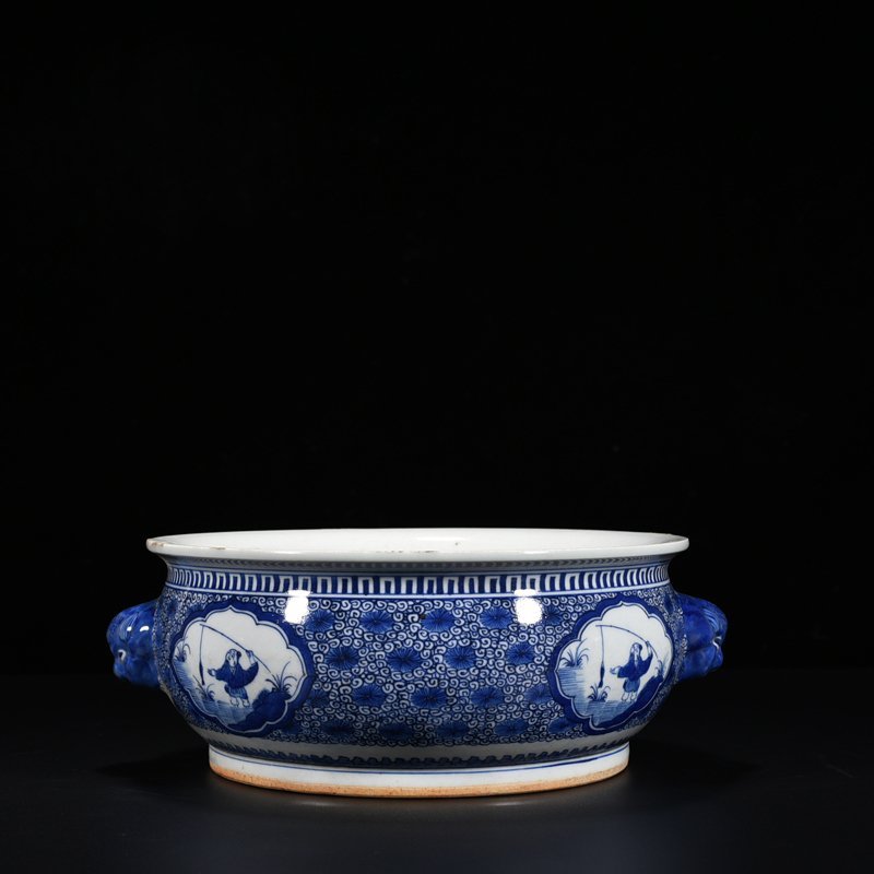 Qing Dynasty Kangxi blue and white fisherman figure animal ear wash