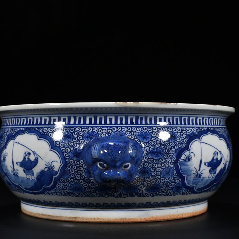 Qing Dynasty Kangxi blue and white fisherman figure animal ear wash