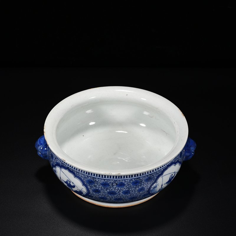Qing Dynasty Kangxi blue and white fisherman figure animal ear wash