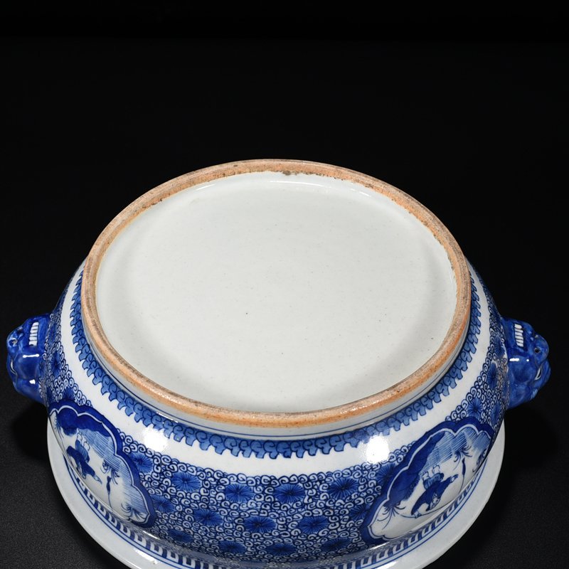 Qing Dynasty Kangxi blue and white fisherman figure animal ear wash