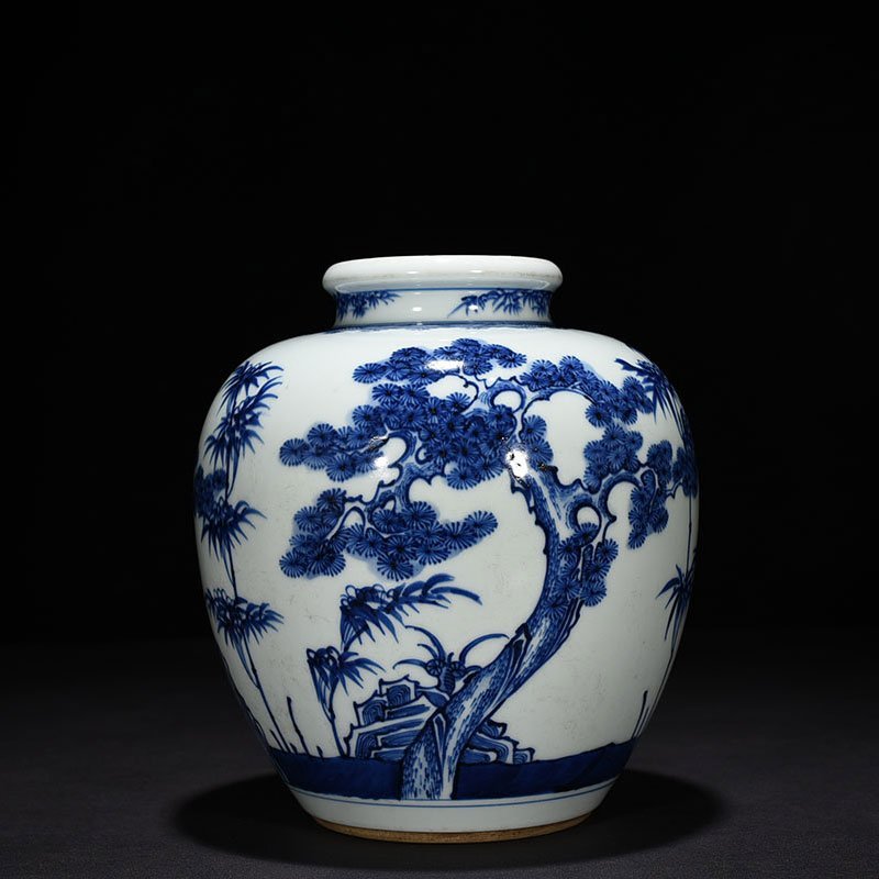 Qing Dynasty Kangxi blue and white pine bamboo and plum jar