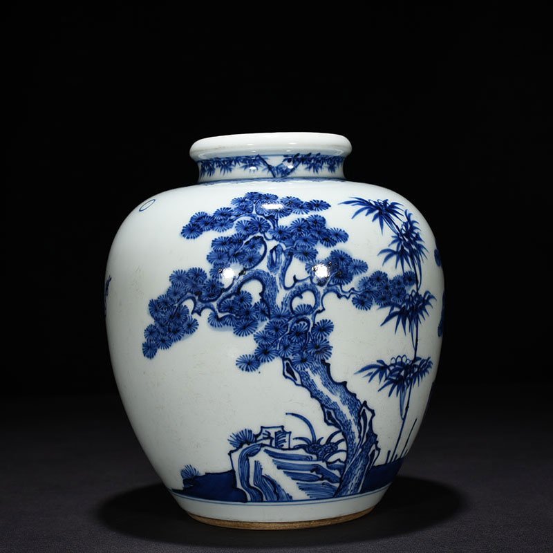 Qing Dynasty Kangxi blue and white pine bamboo and plum jar
