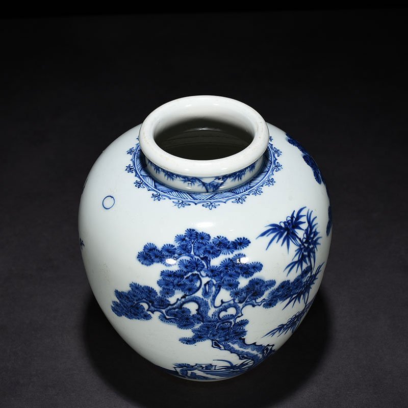 Qing Dynasty Kangxi blue and white pine bamboo and plum jar