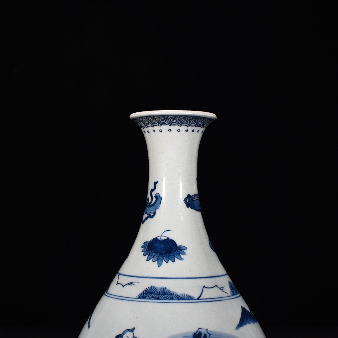 Qing Dynasty Kangxi blue and white fisherman’s figure jade pot spring vase