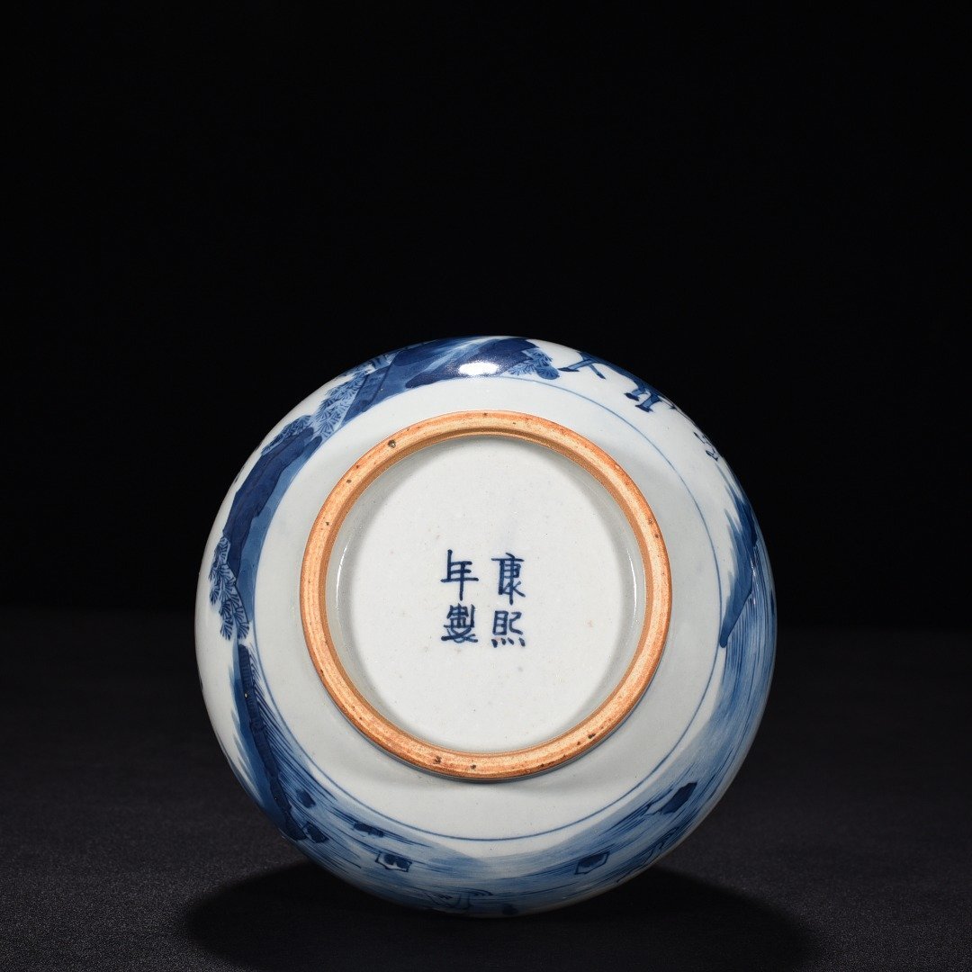 Qing Dynasty Kangxi blue and white fisherman’s figure jade pot spring vase