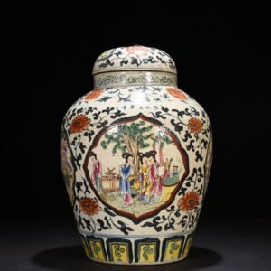 Qing Dynasty Kangxi blue and white pastel colored lid jar with lady figures
