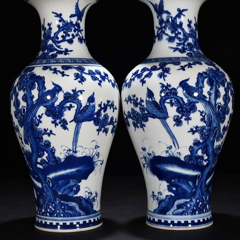 Qing Dynasty Kangxi blue and white fishtail vase with flower and birds
