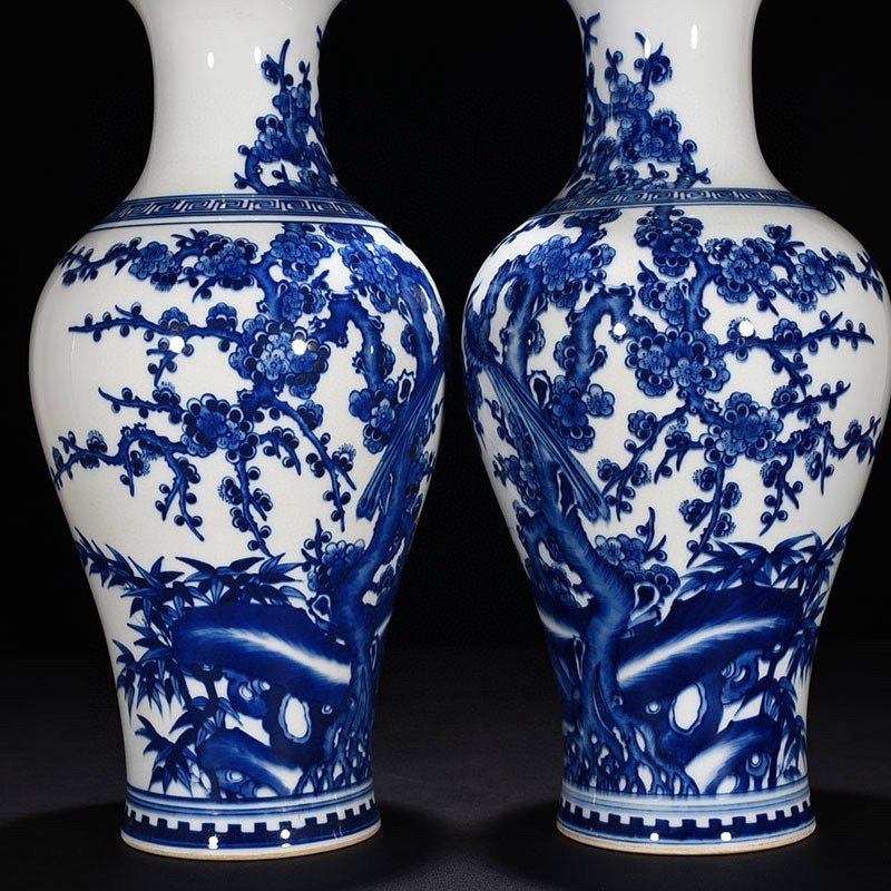 Qing Dynasty Kangxi blue and white fishtail vase with flower and birds
