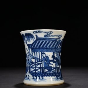 Qing Dynasty Kangxi blue and white Taoist figure waist pen holder