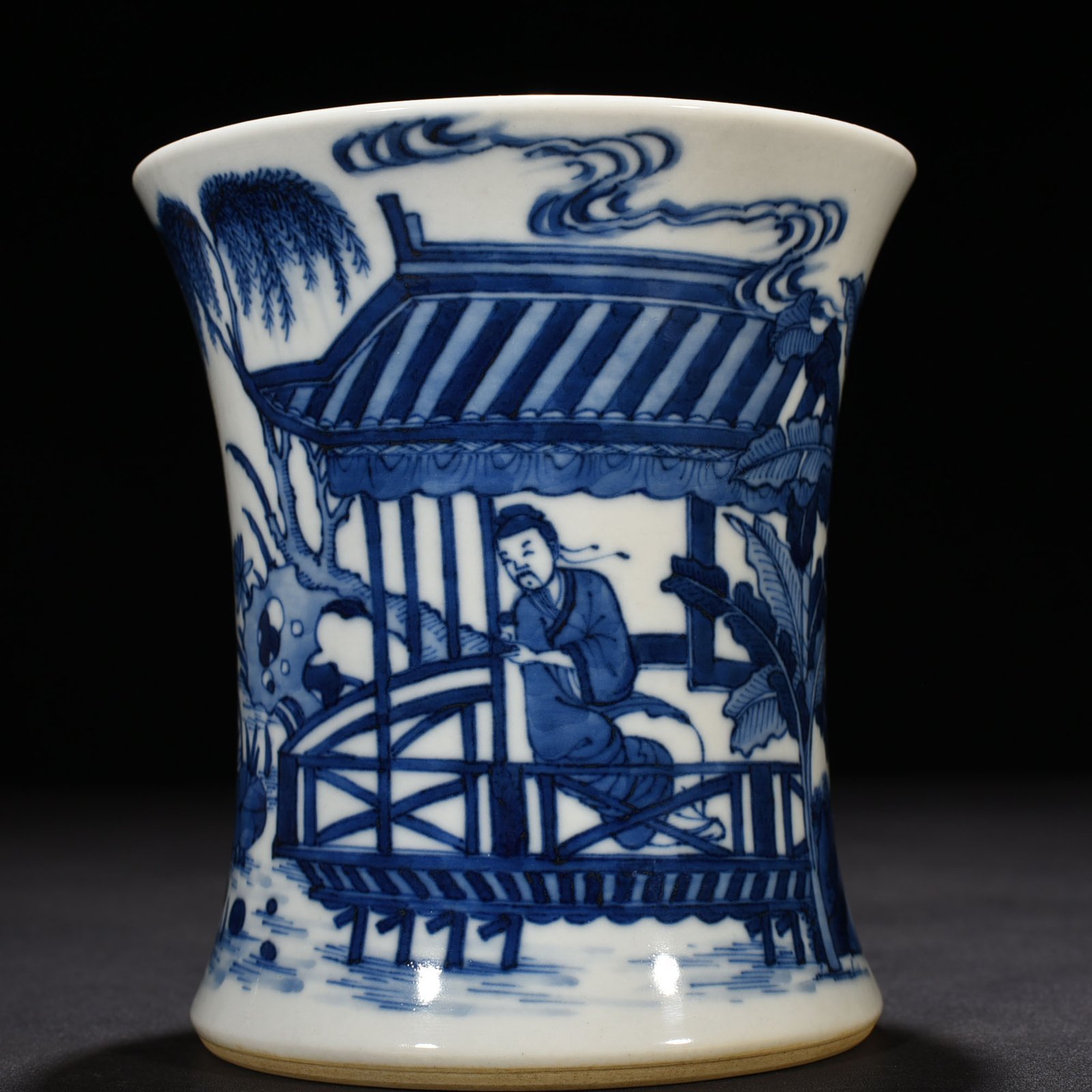 Qing Dynasty Kangxi blue and white Taoist figure waist pen holder