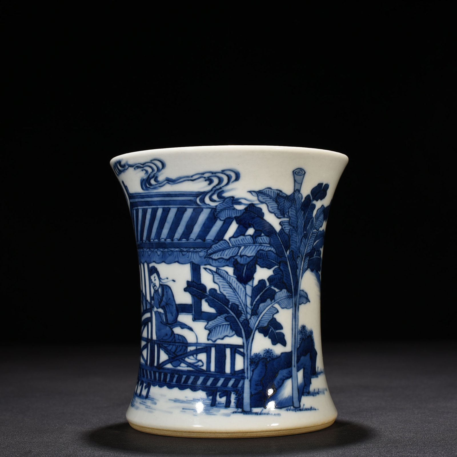 Qing Dynasty Kangxi blue and white Taoist figure waist pen holder