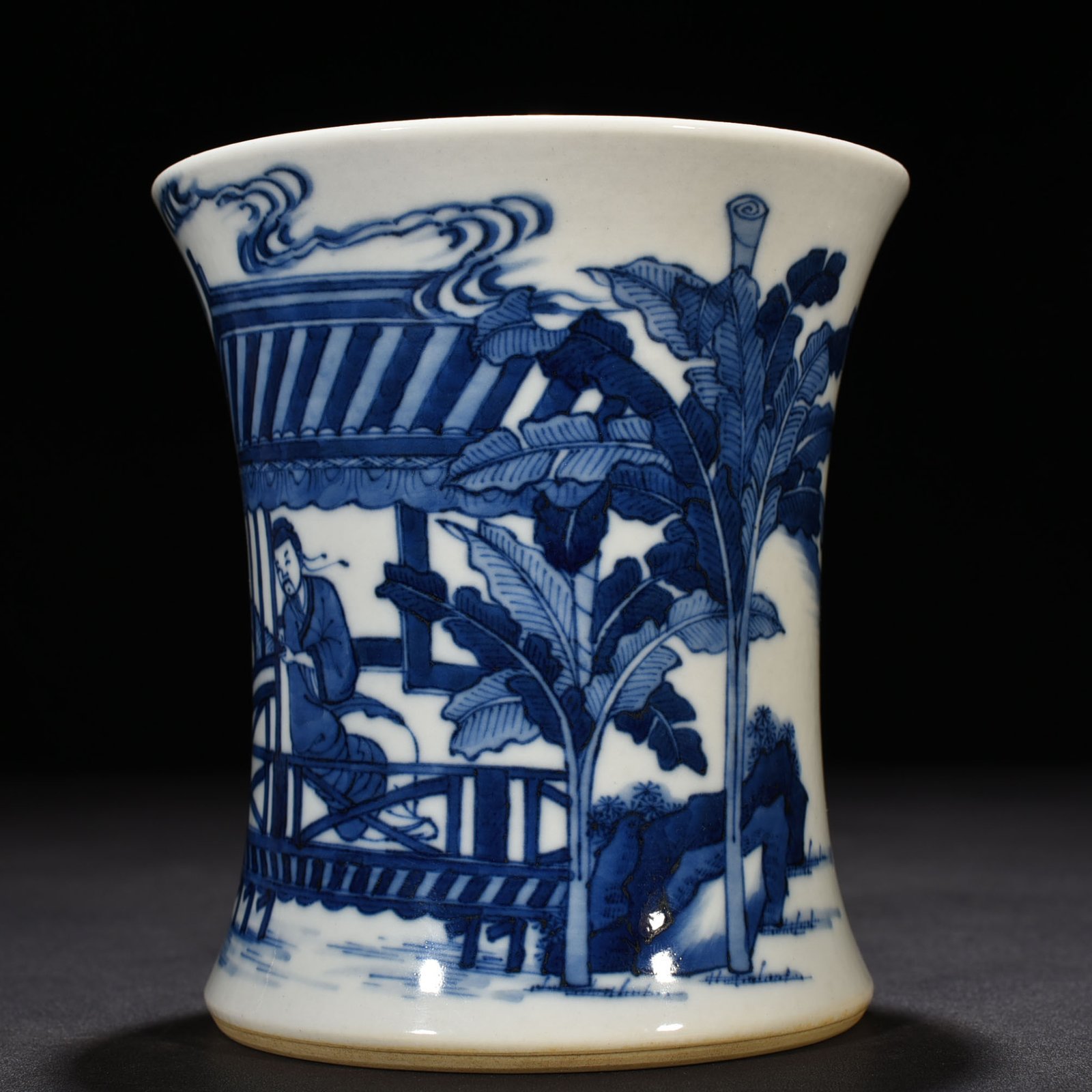 Qing Dynasty Kangxi blue and white Taoist figure waist pen holder
