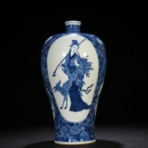Qing Dynasty Kangxi blue and white Magu birthday gift plum vase with figure
