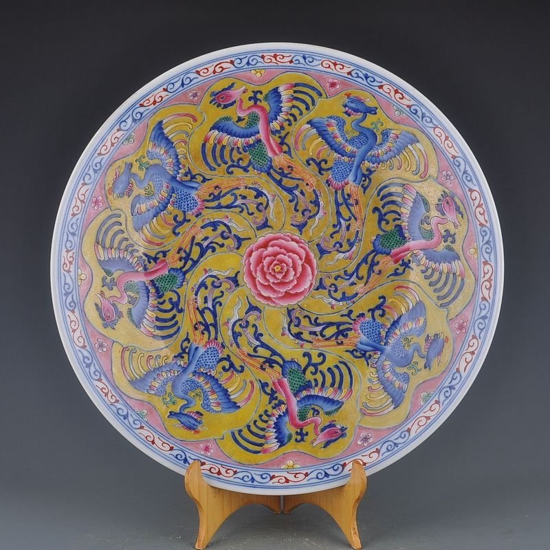 Qing Dynasty Kangxi yellow ground multicolored phoenix plate
