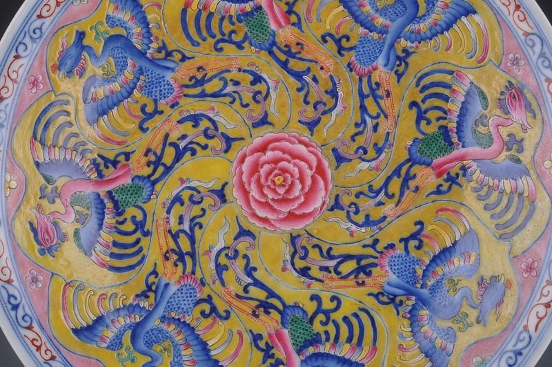 Qing Dynasty Kangxi yellow ground multicolored phoenix plate
